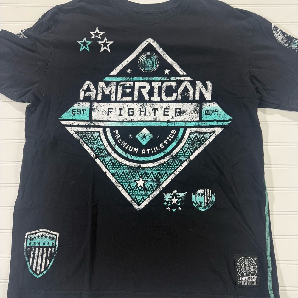 American Fighter Men's Tee with Teal and White Graphics